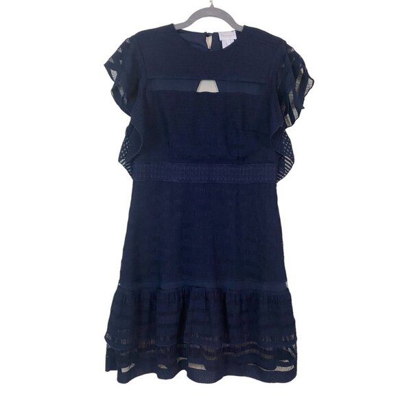 Foxiedox Tiered Lace Panel Sheath Lace Cocktail Dress Navy Blue - Picture 1 of 10